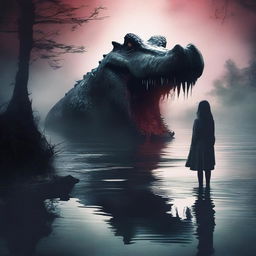 Create a horror poster featuring a giant crocodile following a young scared woman in a river