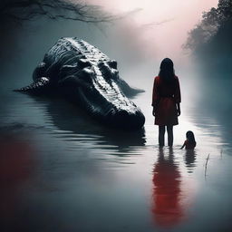 Create a horror poster featuring a giant crocodile following a young scared woman in a river