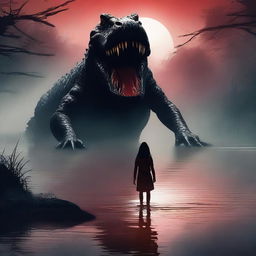 Create a horror poster featuring a giant crocodile following a young scared woman in a river