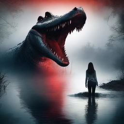 Create a horror poster featuring a giant crocodile following a young scared woman in a river