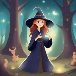 A young witch named Lui casting a spell in a magical forest