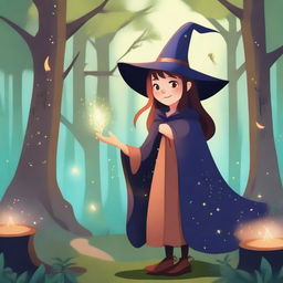 A young witch named Lui casting a spell in a magical forest