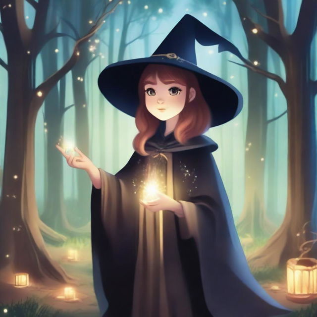 A young witch named Lui casting a spell in a magical forest