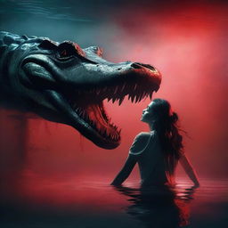 Create a horror poster featuring a big crocodile swimming underwater behind a young scared woman