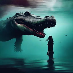 Create a horror poster featuring a big crocodile swimming underwater behind a young scared woman