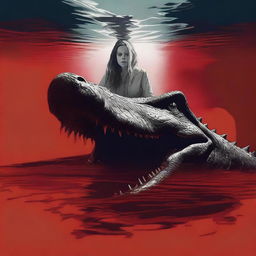 Create a horror poster featuring a big crocodile swimming underwater behind a young scared woman