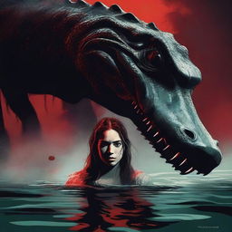 Create a horror poster featuring a big crocodile swimming underwater behind a young scared woman