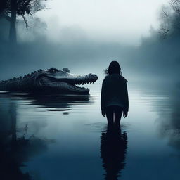 Create a horror poster featuring a big crocodile following a young scared woman swimming in a lake