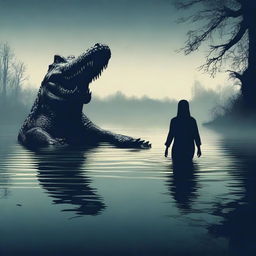 Create a horror poster featuring a big crocodile following a young scared woman swimming in a lake