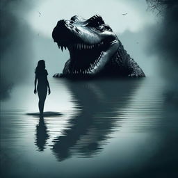 Create a horror poster featuring a big crocodile following a young scared woman swimming in a lake