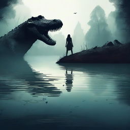 Create a horror poster featuring a big crocodile following a young scared woman swimming in a lake