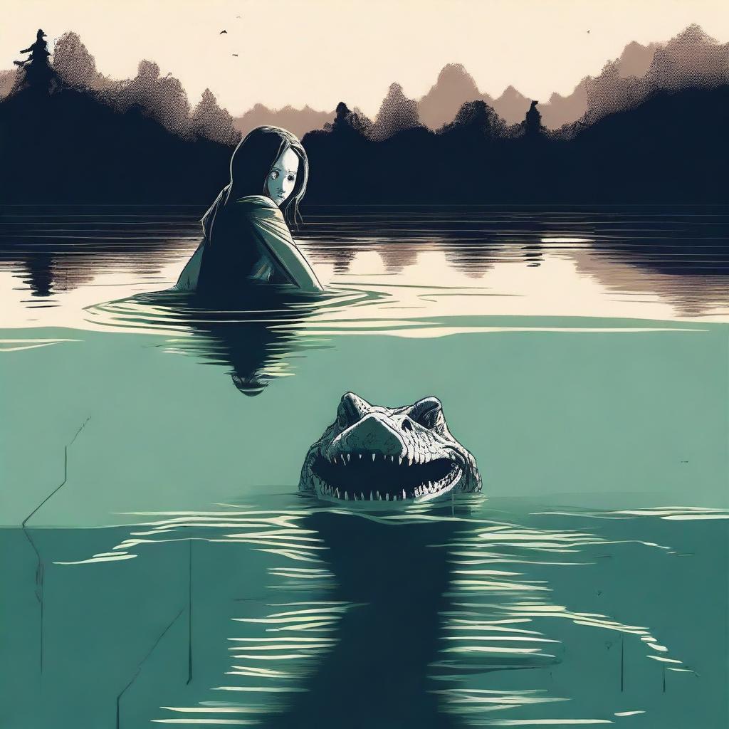 Create a horror poster featuring a crocodile swimming behind a terrified female teenager in a lake