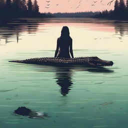 Create a horror poster featuring a crocodile swimming behind a terrified female teenager in a lake