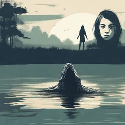 Create a horror poster featuring a crocodile swimming behind a terrified female teenager in a lake