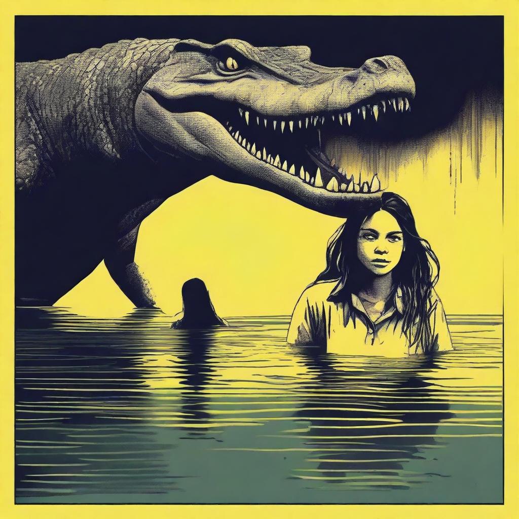 Create a color horror poster featuring a big, scary crocodile with yellow eyes swimming behind a terrified female teenager in a lake