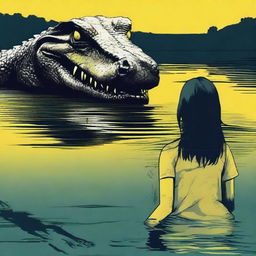 Create a color horror poster featuring a big, scary crocodile with yellow eyes swimming behind a terrified female teenager in a lake