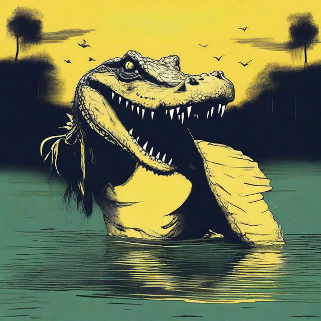 Create a color horror poster featuring a big, scary crocodile with yellow eyes swimming behind a terrified female teenager in a lake