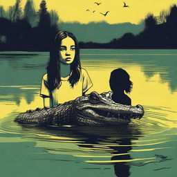 Create a color horror poster featuring a big, scary crocodile with yellow eyes swimming behind a terrified female teenager in a lake