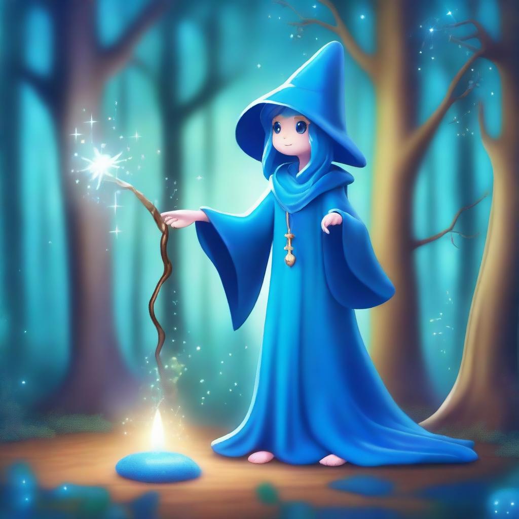 A blue slime girl wizard casting a spell with a glowing staff in a mystical forest