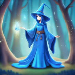 A blue slime girl wizard casting a spell with a glowing staff in a mystical forest