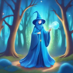 A blue slime girl wizard casting a spell with a glowing staff in a mystical forest