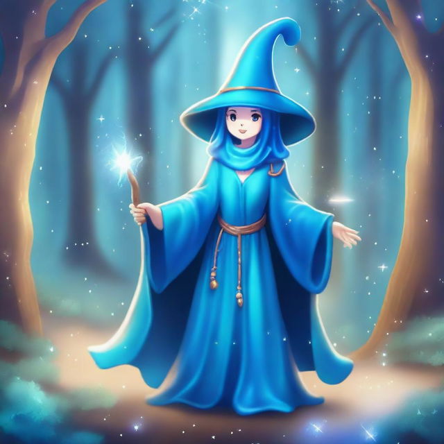 A blue slime girl wizard casting a spell with a glowing staff in a mystical forest