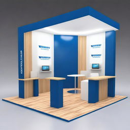 Design a booth for a specialized conference in machinery and construction, for a company whose corporate color is blue