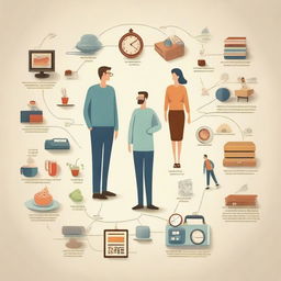 A depiction of the life of an adult, showcasing various aspects such as work, family, hobbies, and personal time
