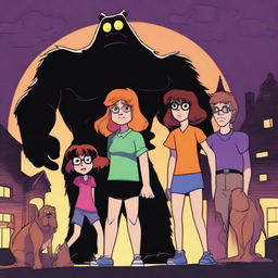 Fred, Daphne, Velma, Shaggy, and Scooby (two young men, two girls, one dog) standing together