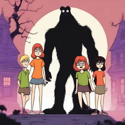 Fred, Daphne, Velma, Shaggy, and Scooby (two young men, two girls, one dog) standing together