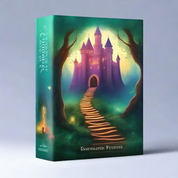 Create a captivating book cover featuring an enchanted forest with a mysterious glowing path leading to an ancient castle