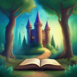 Create a captivating book cover featuring an enchanted forest with a mysterious glowing path leading to an ancient castle