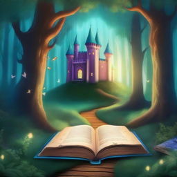 Create a captivating book cover featuring an enchanted forest with a mysterious glowing path leading to an ancient castle