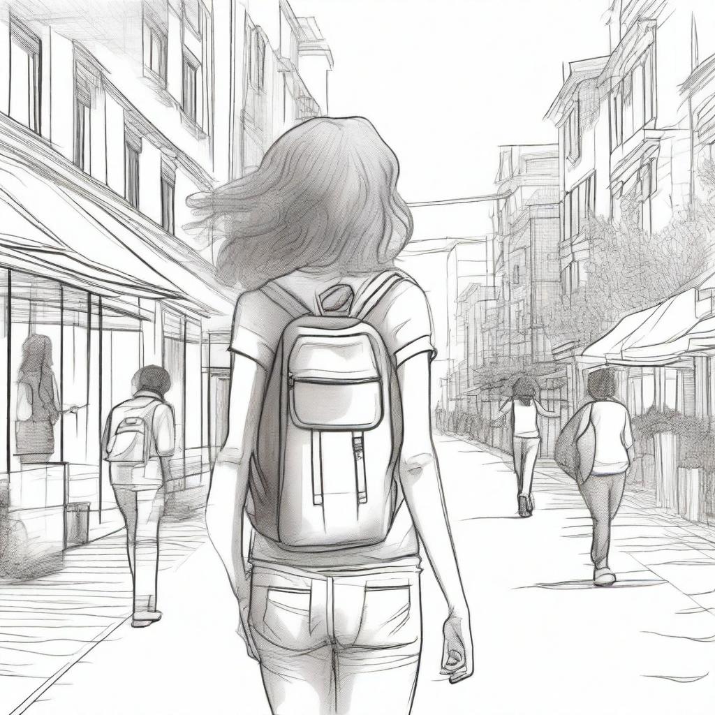 A unique and detailed sketched image of a girl with loose curls walking down the street with a backpack