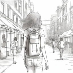 A unique and detailed sketched image of a girl with loose curls walking down the street with a backpack