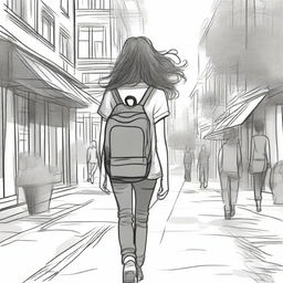 A unique and detailed sketched image of a girl with loose curls walking down the street with a backpack