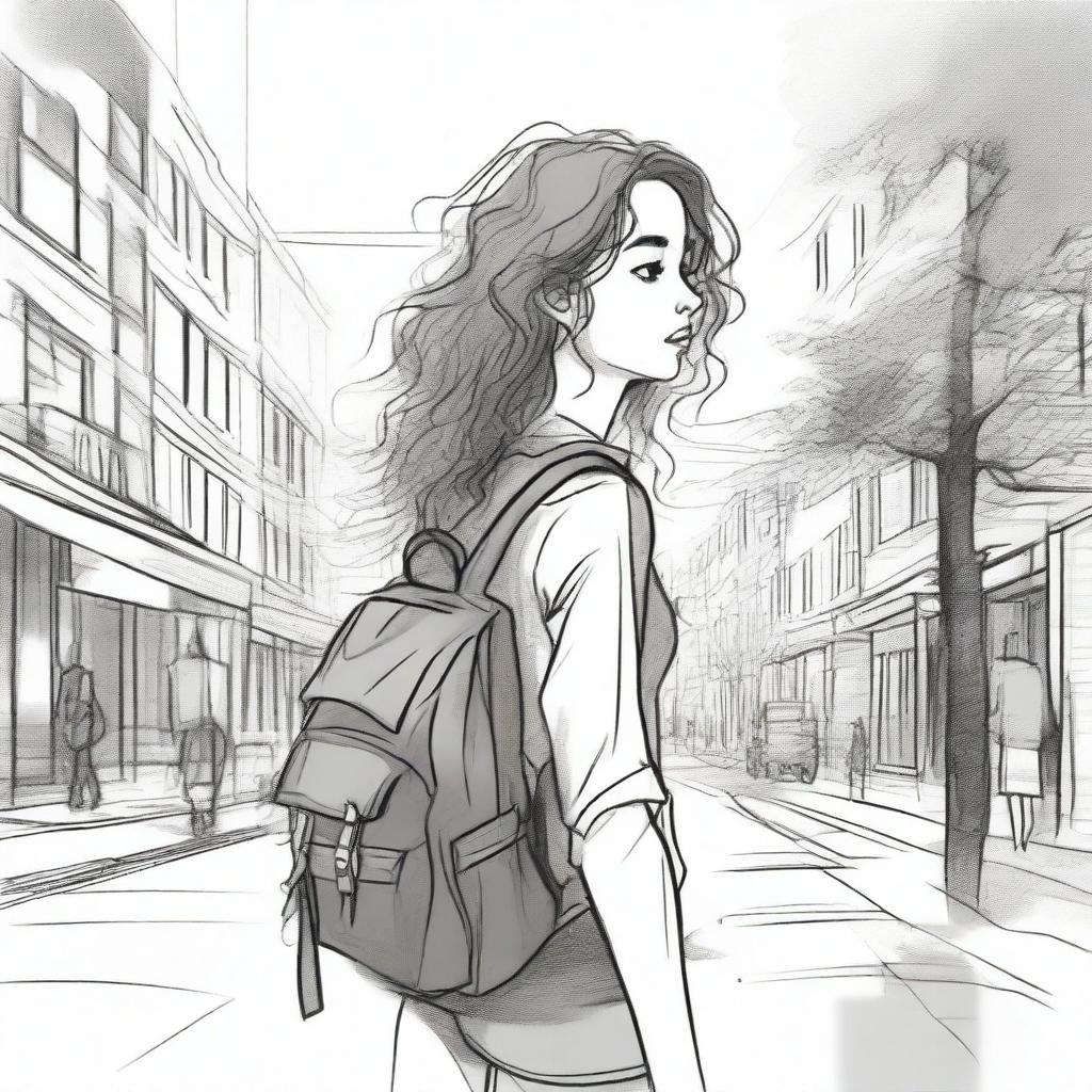 A unique and detailed sketched image of a girl with loose curls walking down the street with a backpack