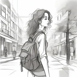 A unique and detailed sketched image of a girl with loose curls walking down the street with a backpack