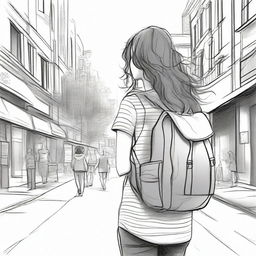 A unique and detailed sketched image of a girl with loose curls walking down the street with a backpack