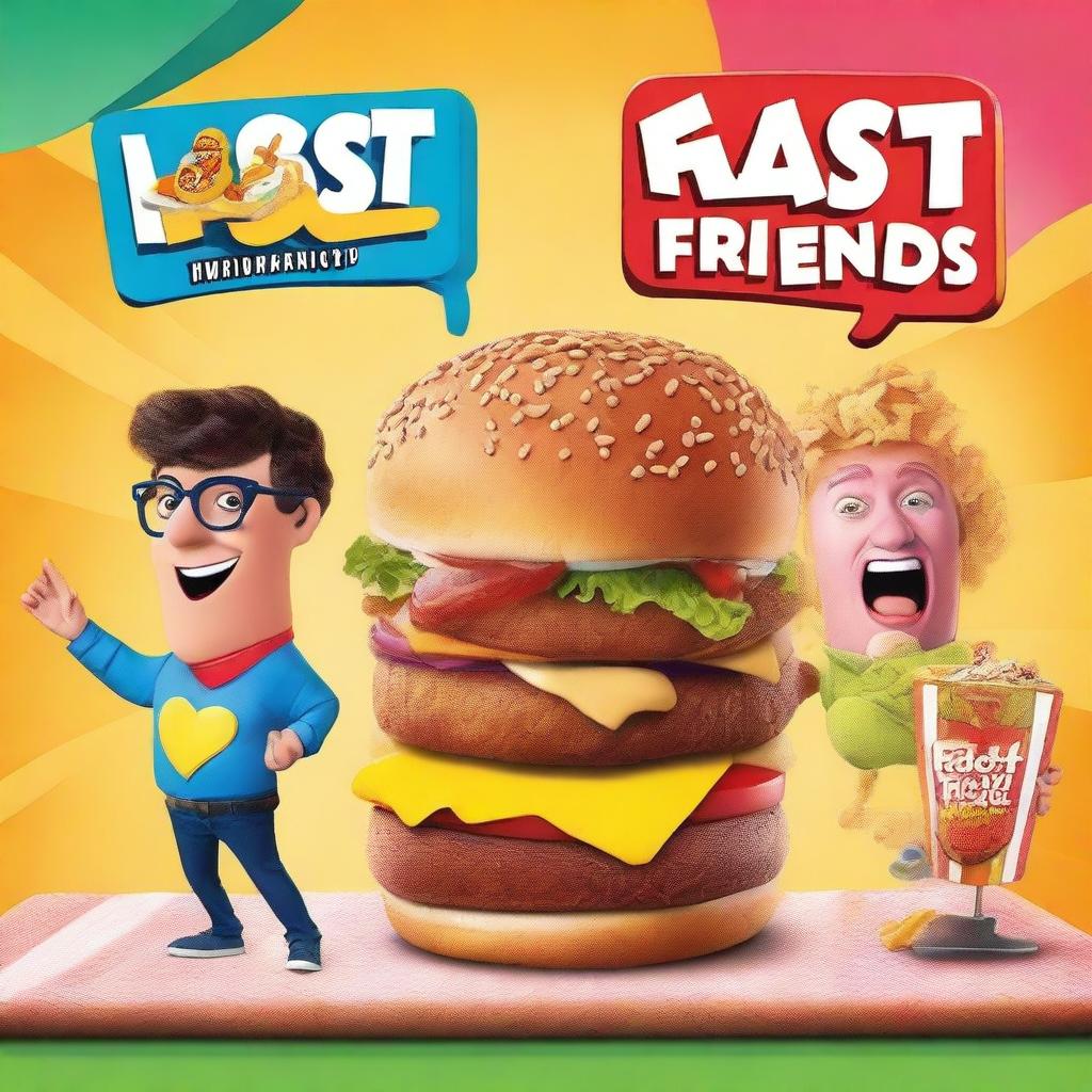 Create a vibrant and humorous movie poster for a comedy titled 'Fast Friends'