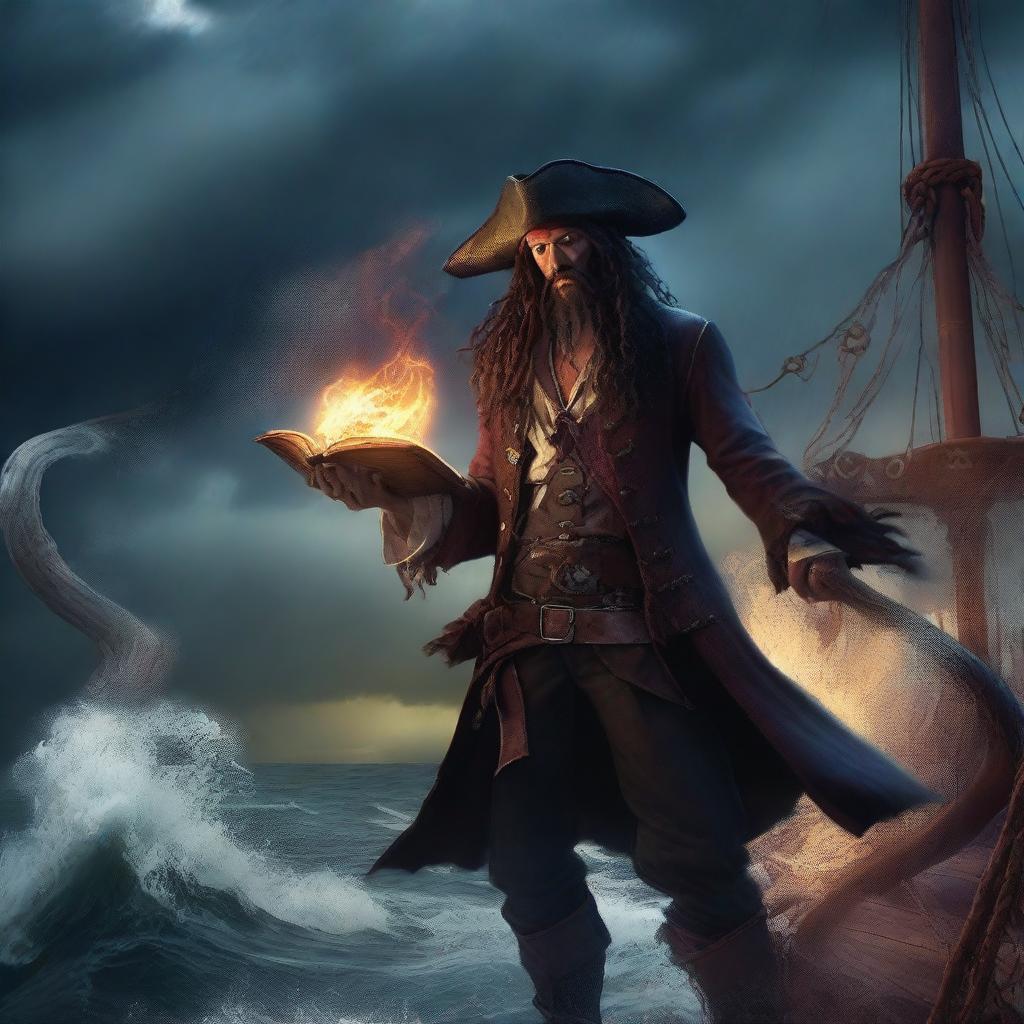 A scruffy pirate warlock standing on the deck of a ship, casting a powerful spell to summon a massive kraken from the ocean