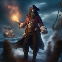 A scruffy pirate warlock standing on the deck of a ship, casting a powerful spell to summon a massive kraken from the ocean