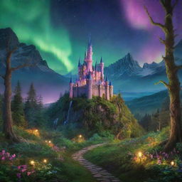 An enchanted forest with whimsical creatures, vibrant flora, magical light illuminations, and an ancient mystic castle in the backdrop under a lush aurora sky.