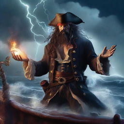 A scruffy pirate warlock standing on the deck of a ship, casting a powerful spell to summon a massive kraken from the ocean