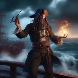 A scruffy pirate warlock standing on the deck of a ship, casting a powerful spell to summon a massive kraken from the ocean