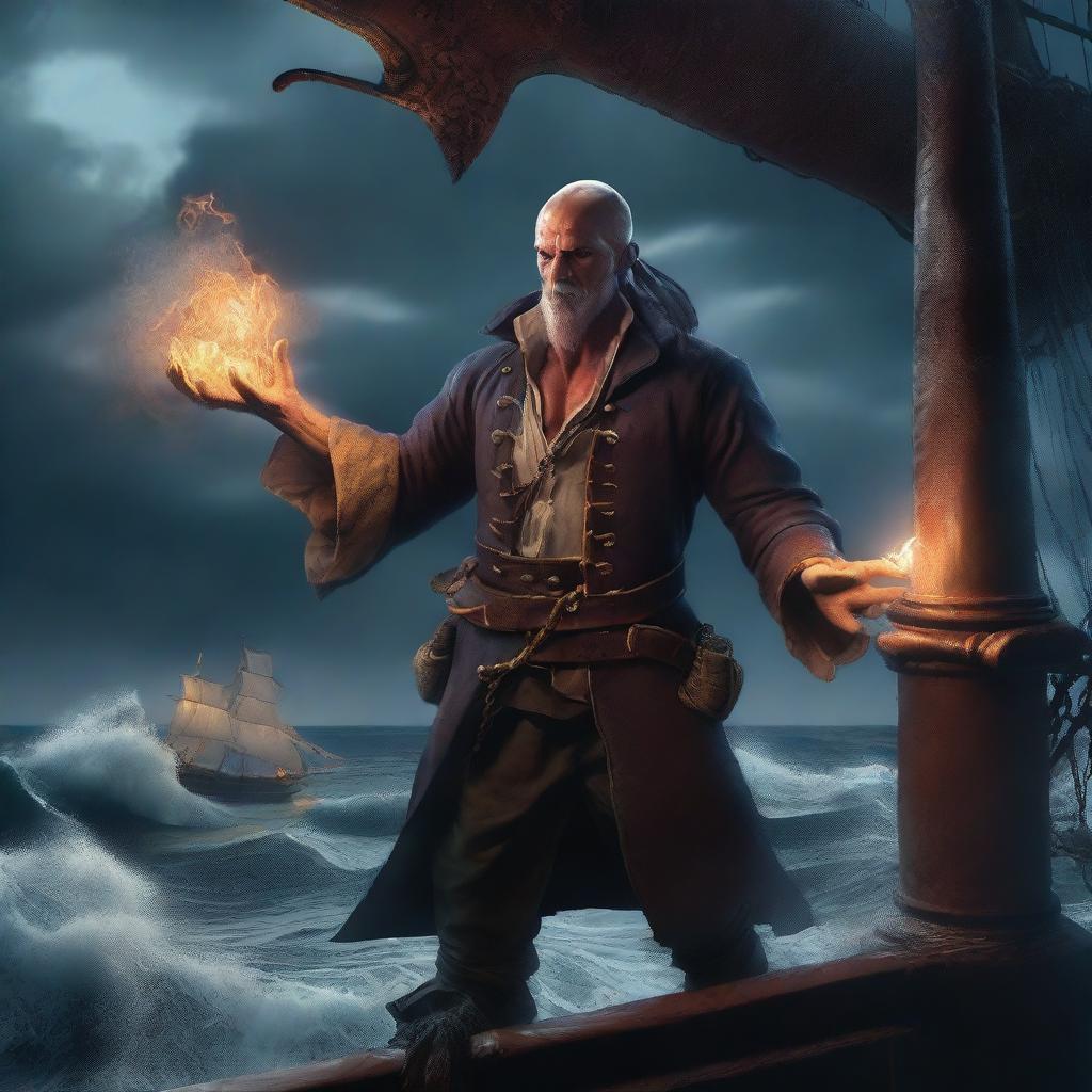 A scrawny, bald, and scruffy pirate warlock standing on the deck of a ship, casting a powerful spell to summon a massive kraken from the ocean