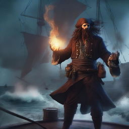 A scrawny, bald, and scruffy pirate warlock standing on the deck of a ship, casting a powerful spell to summon a massive kraken from the ocean