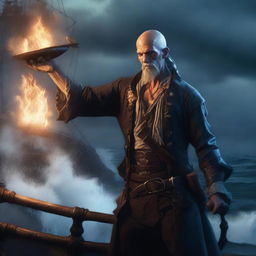 A scrawny, bald, and scruffy pirate warlock standing on the deck of a ship, casting a powerful spell to summon a massive kraken from the ocean