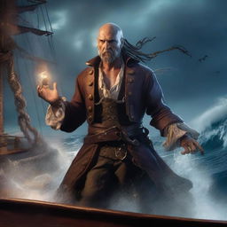 A scrawny, bald, and scruffy pirate warlock standing on the deck of a ship, casting a powerful spell to summon a massive kraken from the ocean