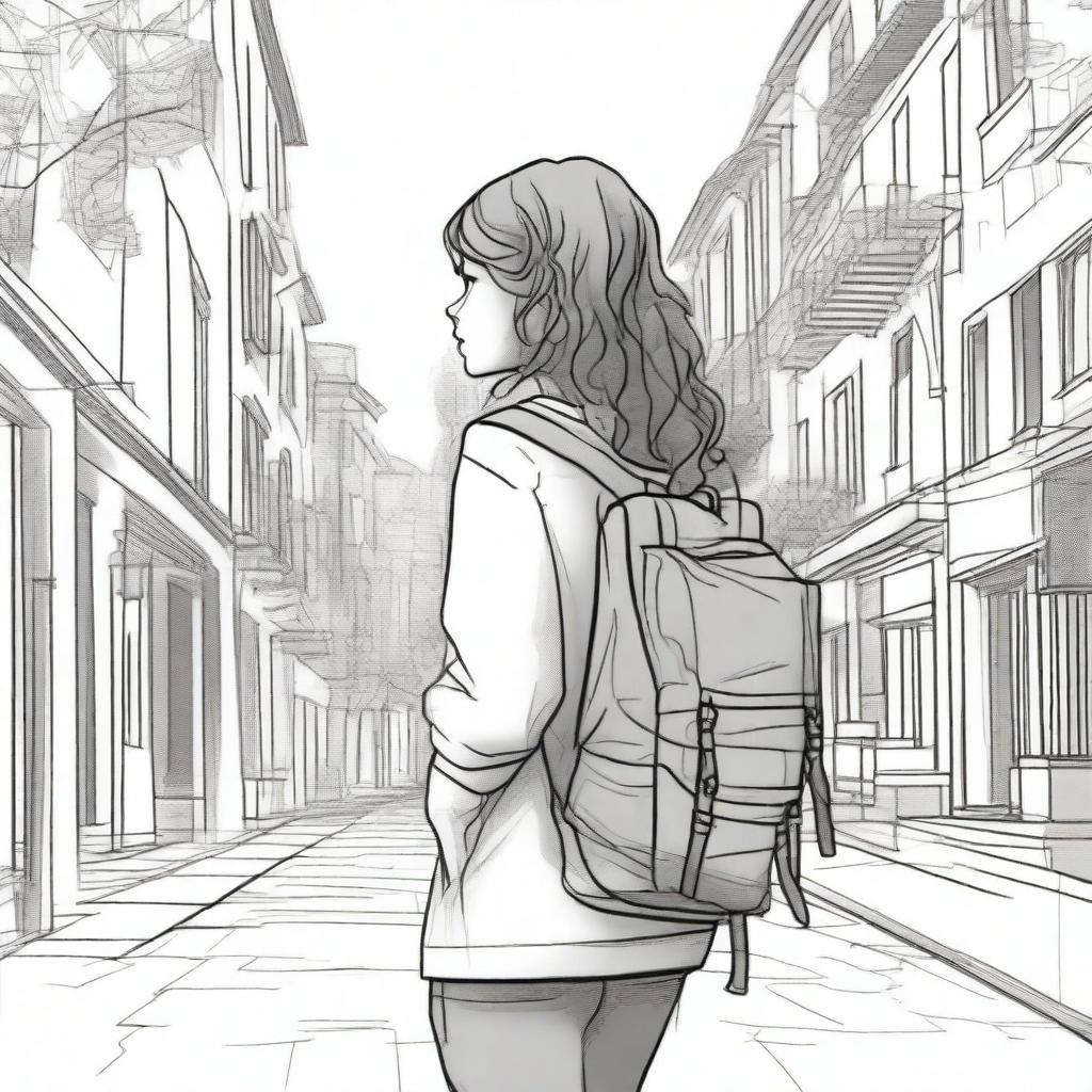 A unique and detailed sketched image of a girl with loose curls walking down the street with a backpack